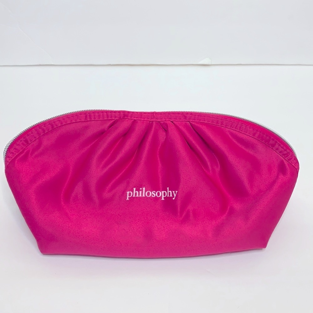 Philosophy | Pink Satin Zipper Pouch | Travel Cosmetic Purse Organizer Carry Bag